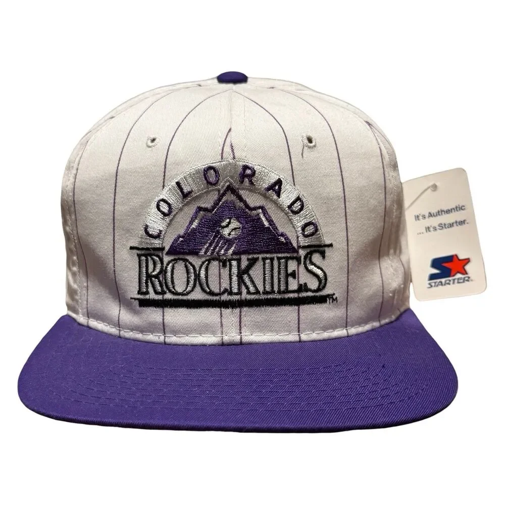 Vintage 90s Colorado Rockies Starter Snapback Hat White Purple Pinstripe NOS NWT